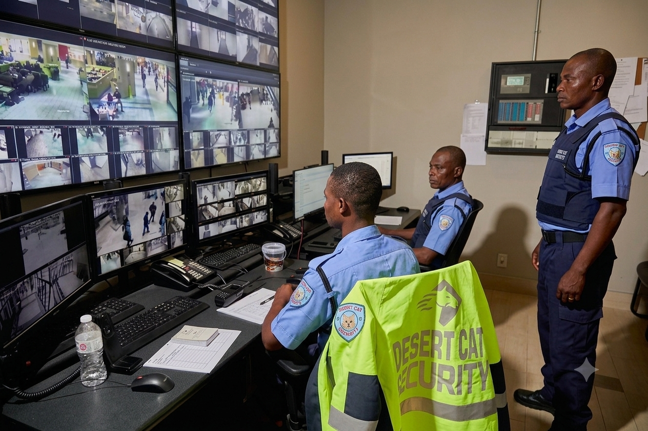 Operators monitoring live camera feeds inside the Desert Cat control room